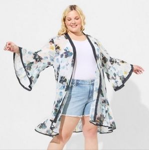Torrid Size 0 Textured Chiffon Midi Ruffle Kimono - Floral Cloud Dancer